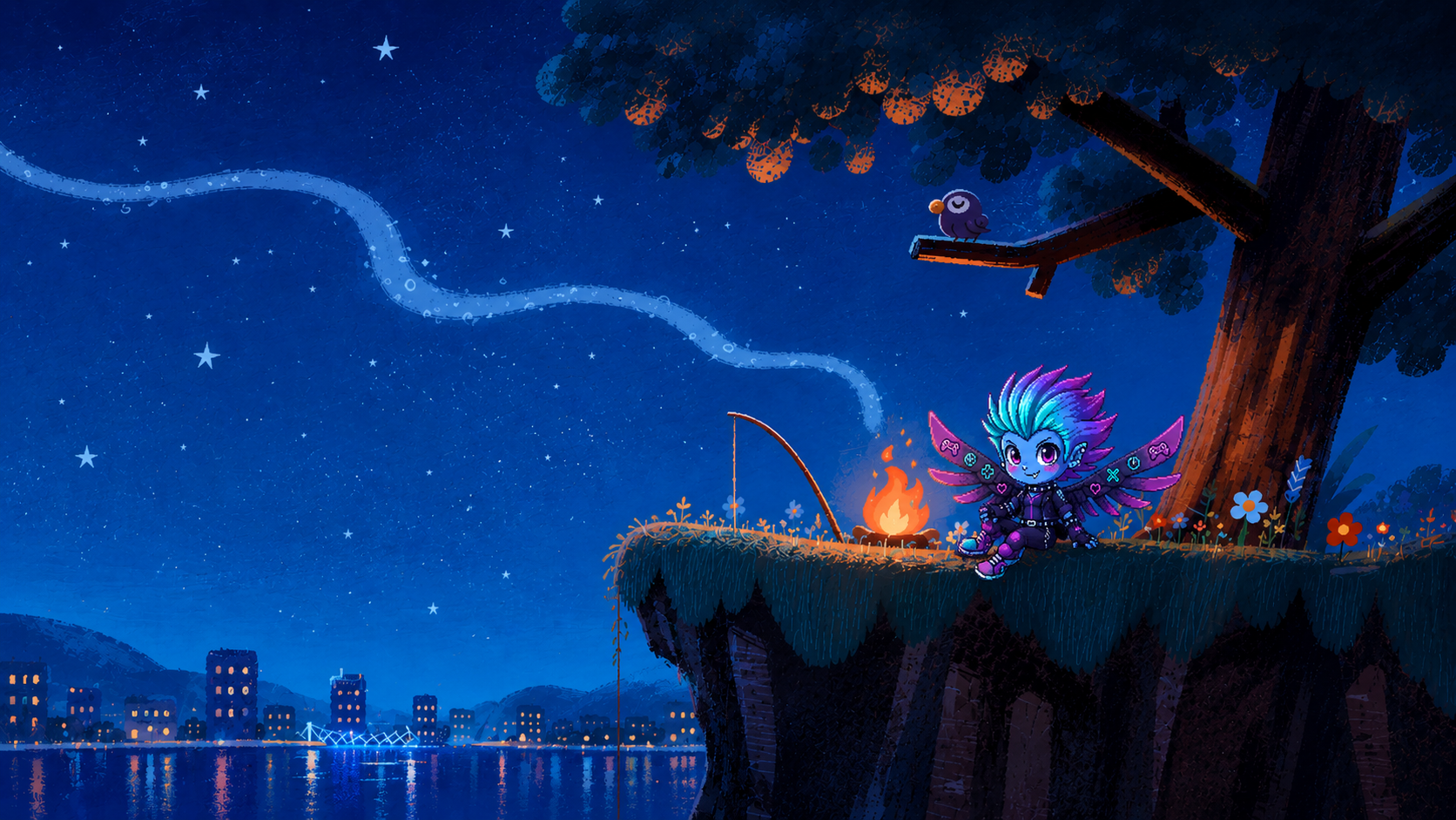 Winnie, a small winged character, sitting by a campfire on a cliff at night